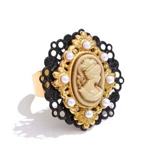 Sara Sotti Elegant 18K Gold Plated Black Cameo Ring Adjustable Size